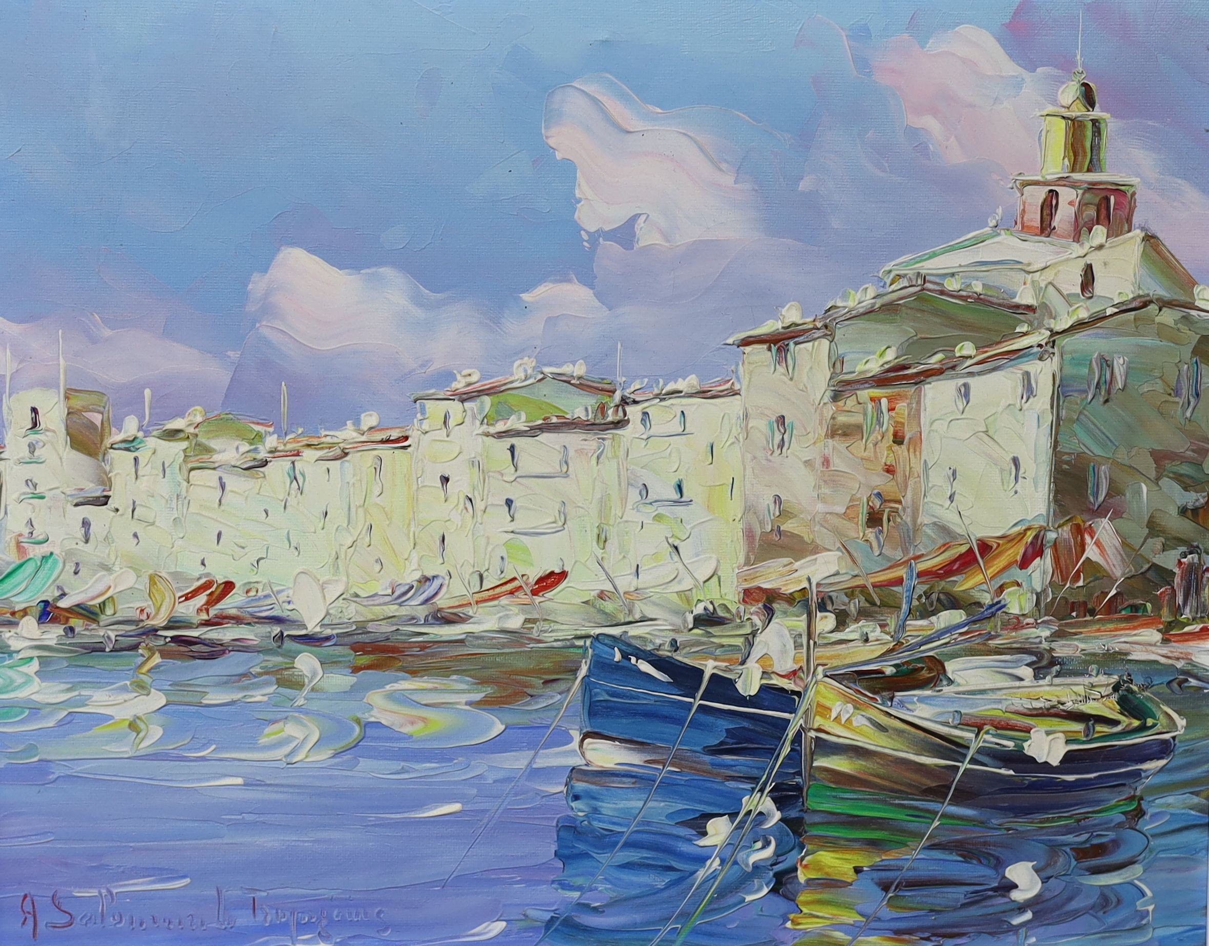 Salomon Le Tropezien, oil on canvas, Mediterranean harbour scene, signed, 31 x 40cm